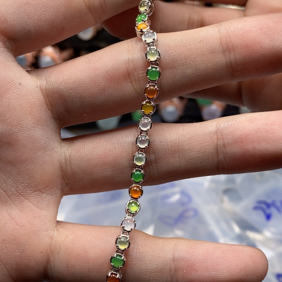 翡翠手链银S925镶嵌茉**宝天然缅甸翡翠