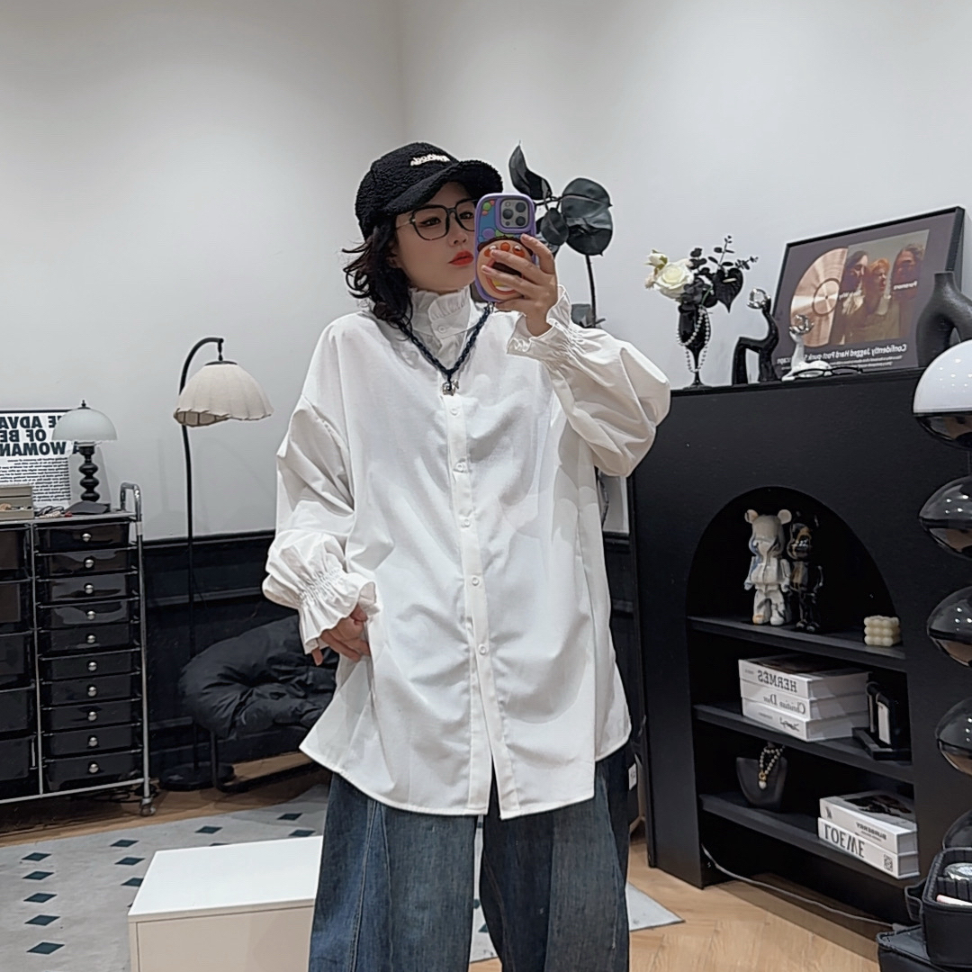 哆唛853799款宽松欧韩时尚潮流休闲新款长袖木耳领前衬衫设计感