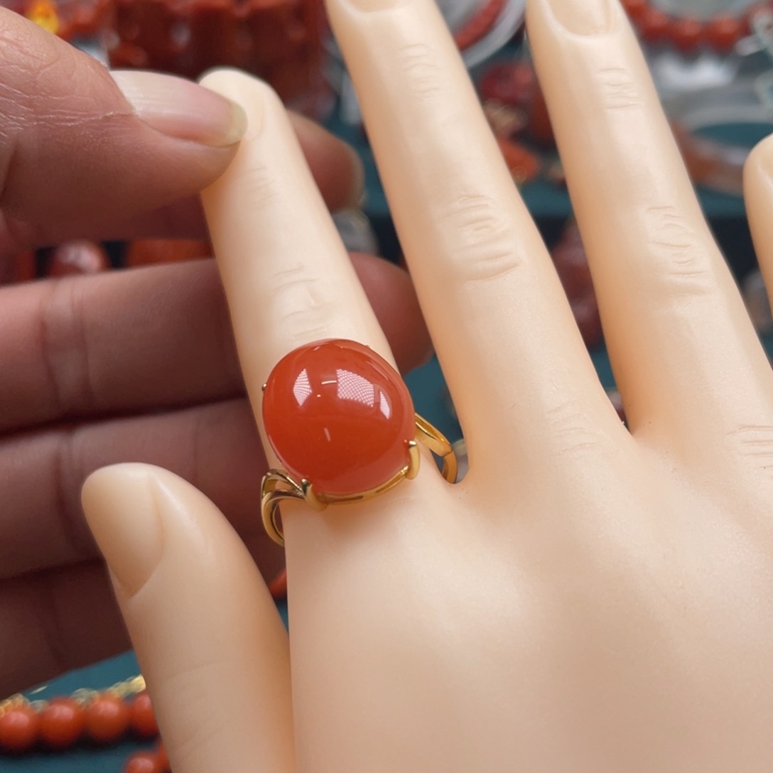 南红玛瑙保山南红戒指银S925镀金镶嵌