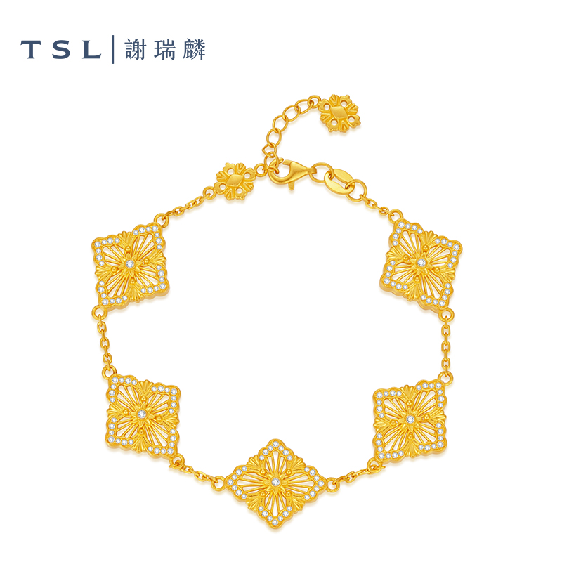 TSL/谢瑞麟计价足金白贝钻石五花步步黄金手链女款新款幸运草手链
