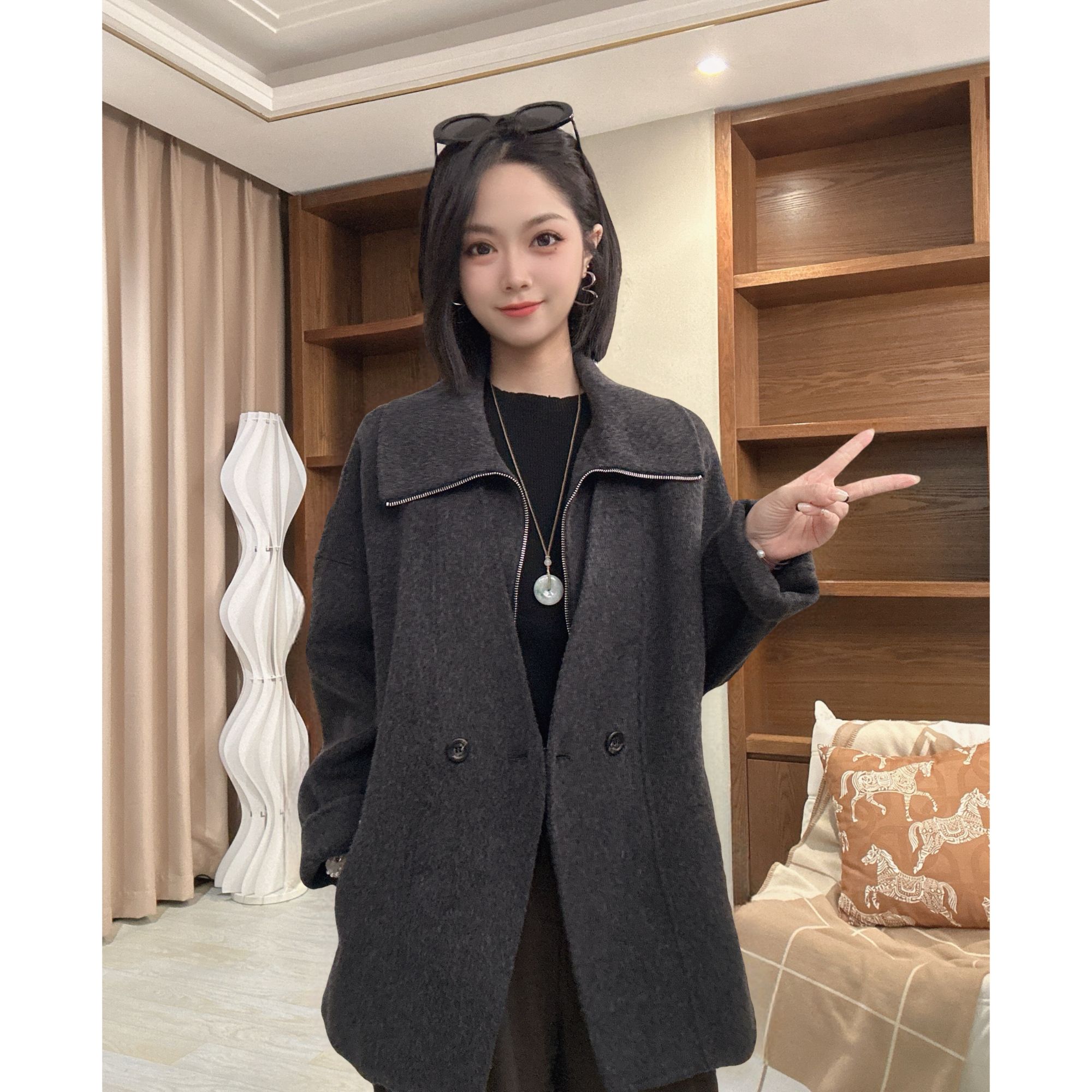 茜百万【新款上新】气质休闲拉链中长款双面毛呢外套大衣女百搭翻领