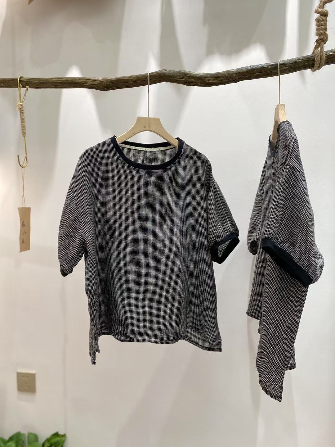 新款色织汉麻百搭显瘦轻奢风格子圆领衬衫女MXJ 2541