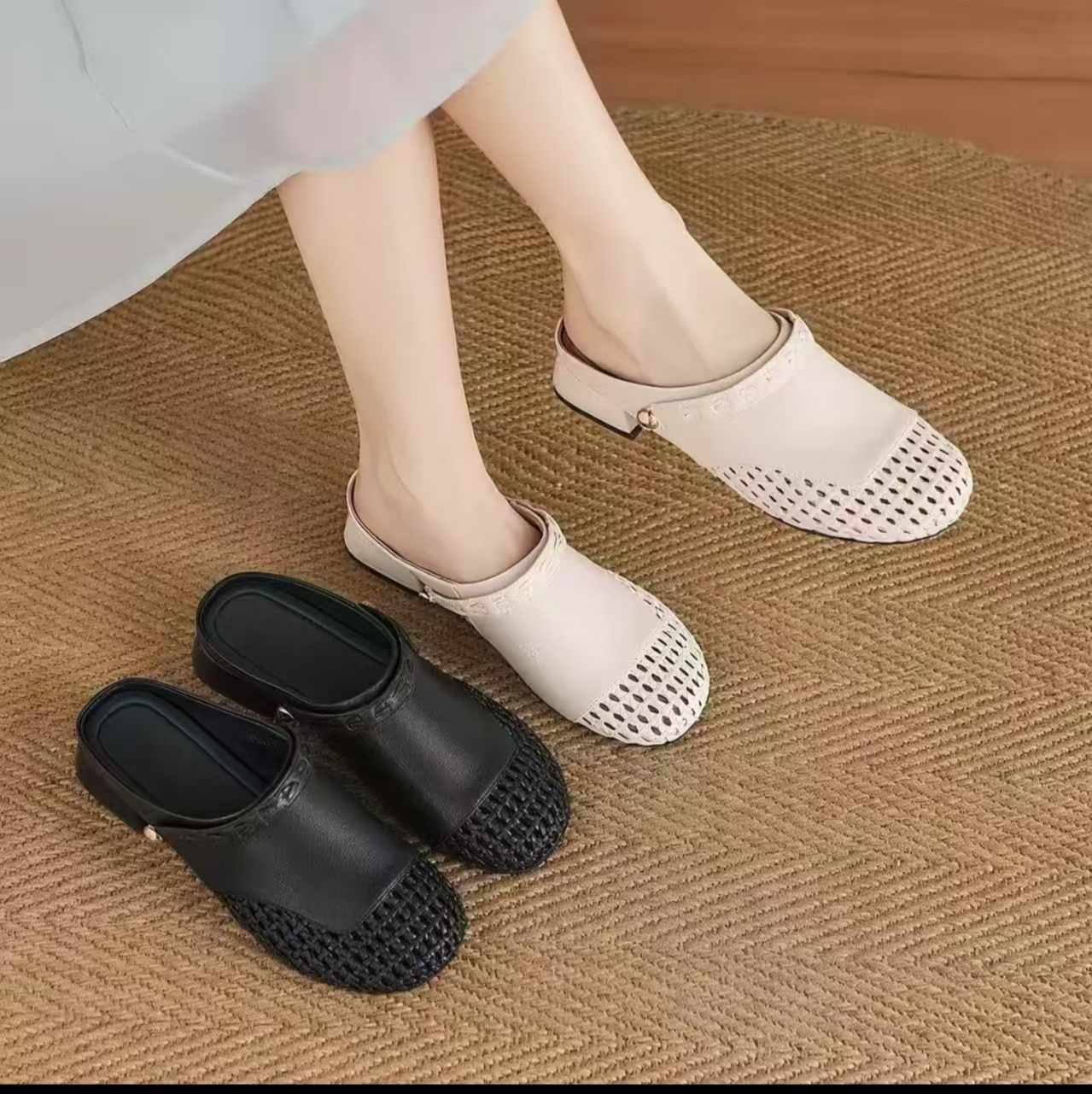 2025夏季包头拖鞋女舒适百搭秋季高跟镂空尖头低跟包头平底时尚