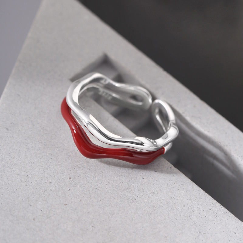 925银戒指 S925银不规则波浪滴油开口戒指新年时尚百搭指环