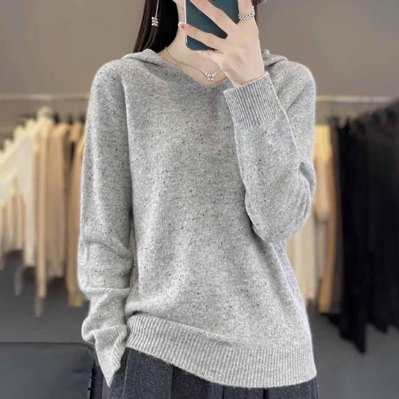 涵玖玥【100羊毛】点彩帽衫复古通勤风连帽长袖上衣07-053