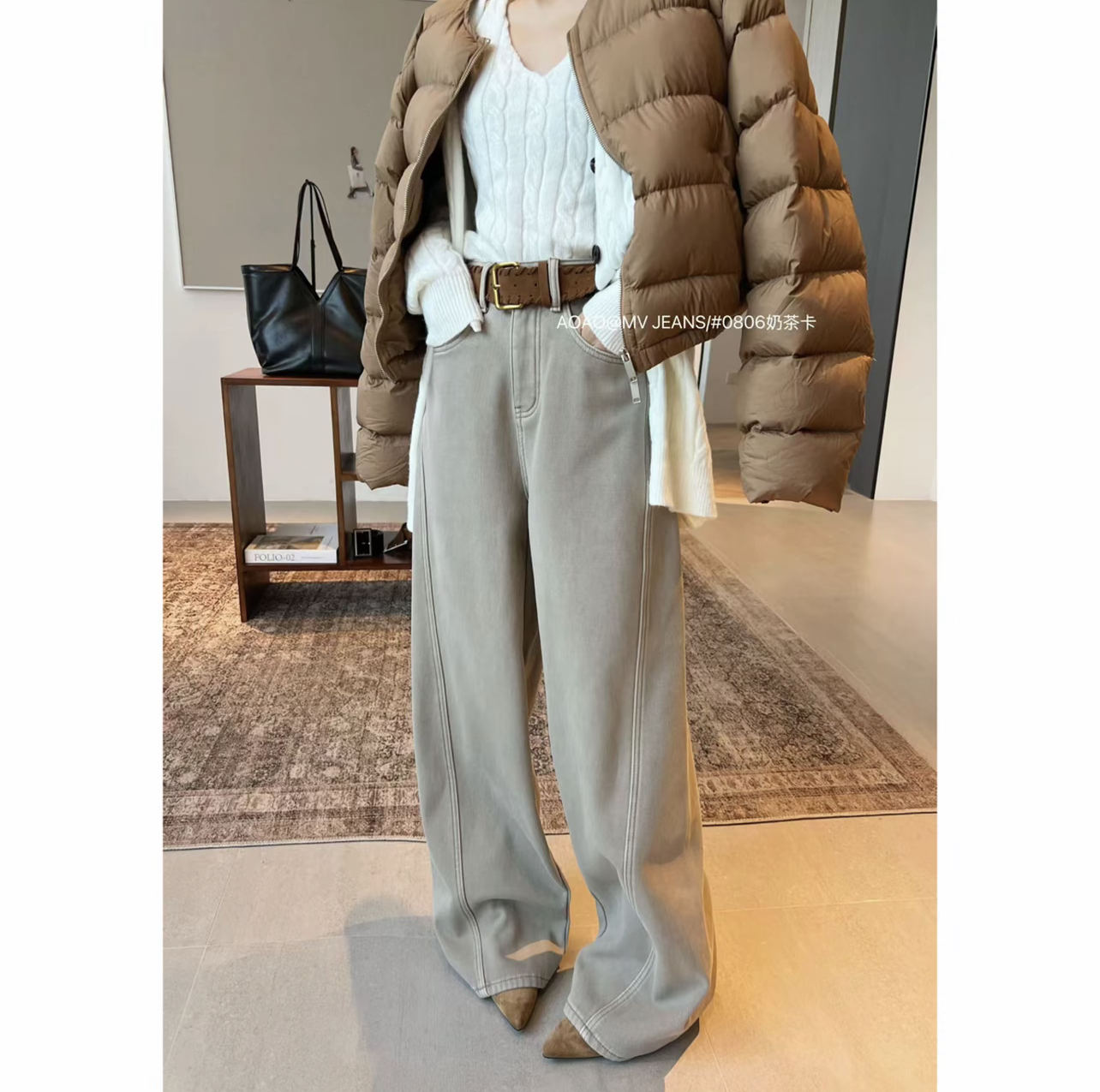 2025高腰阔腿明线设计配腰带复古风显瘦显高宽松拖地牛仔长裤