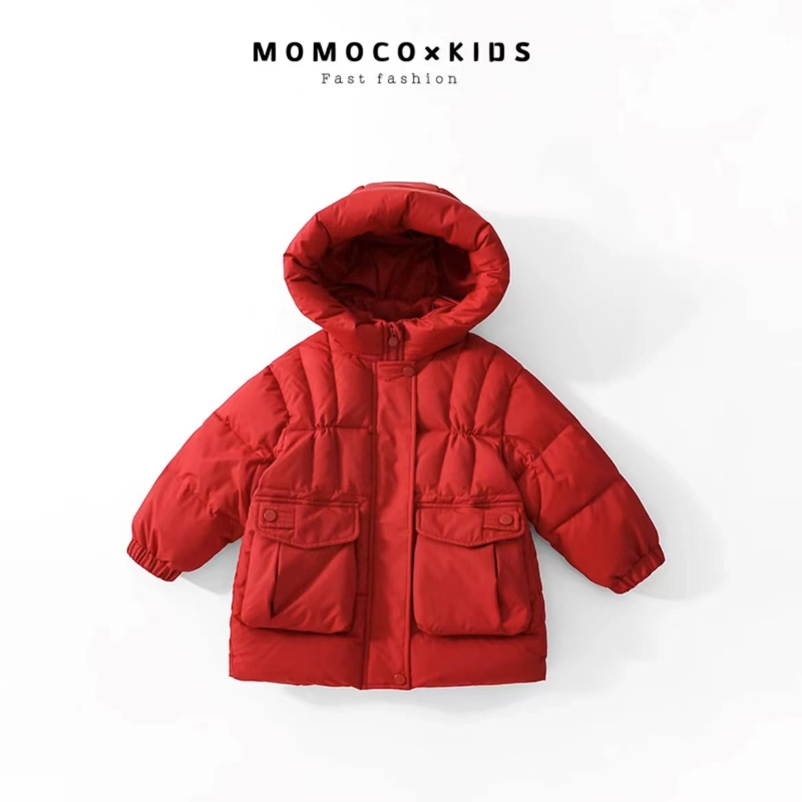 MOMOCO冬季新款儿童羽绒服加厚韩版休闲口袋红色外套75830102019