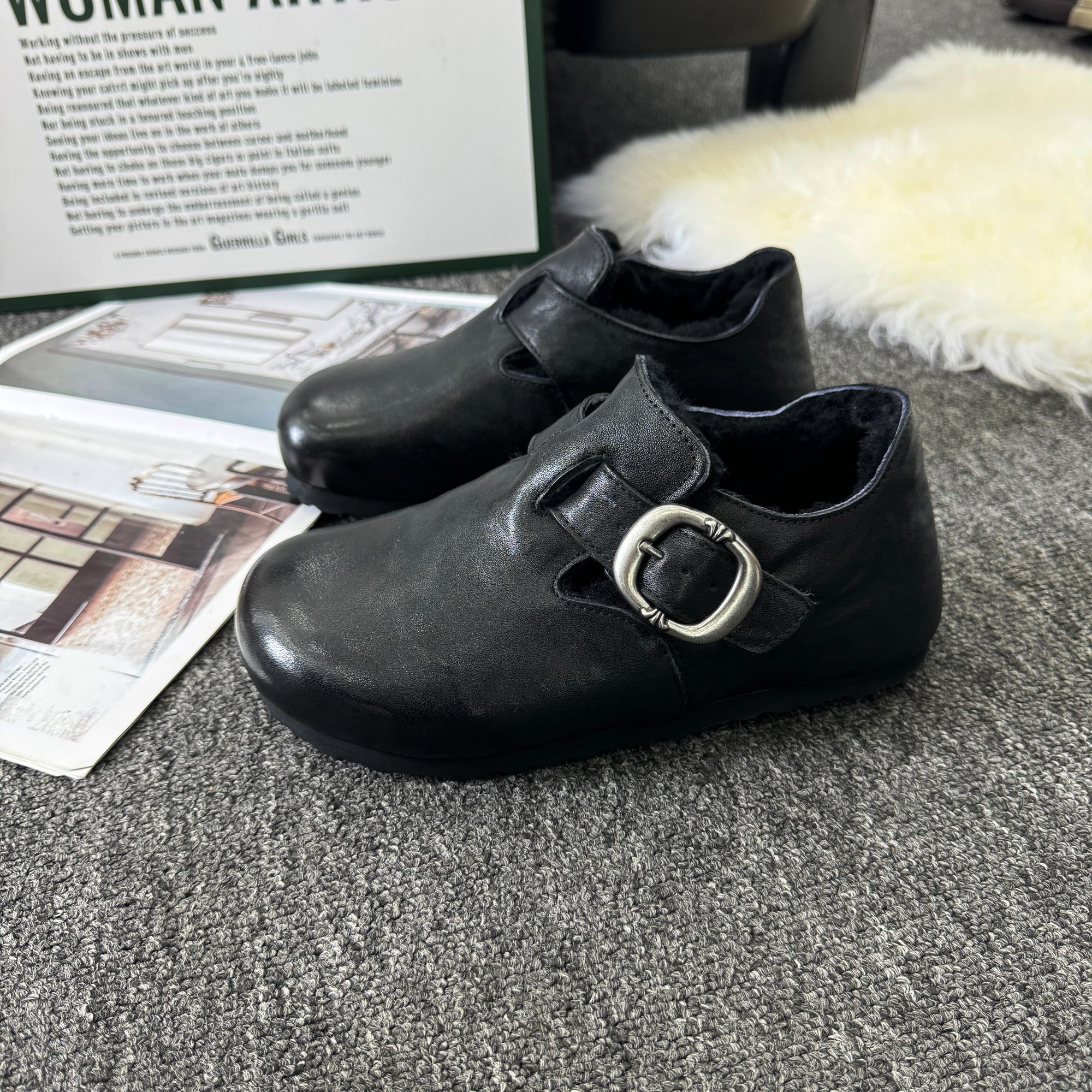 QGG2025年新款水洗牛皮厚底增高时尚简约百搭包头勃肯鞋LZ7701