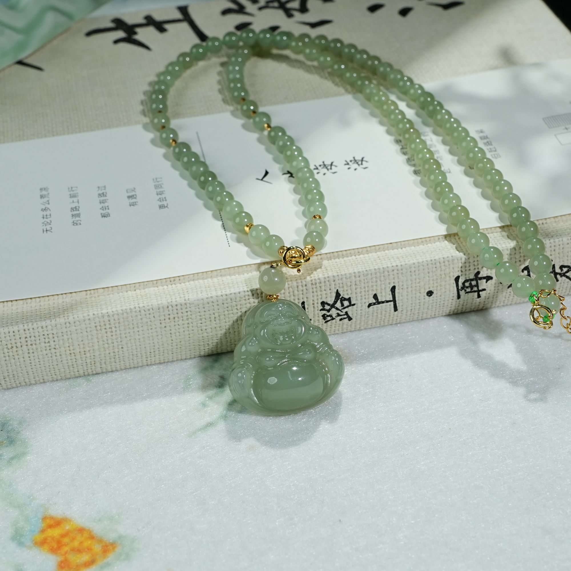 【睿泽&小池专属】S925银和田玉冰晴水佛公套链 KT0090023