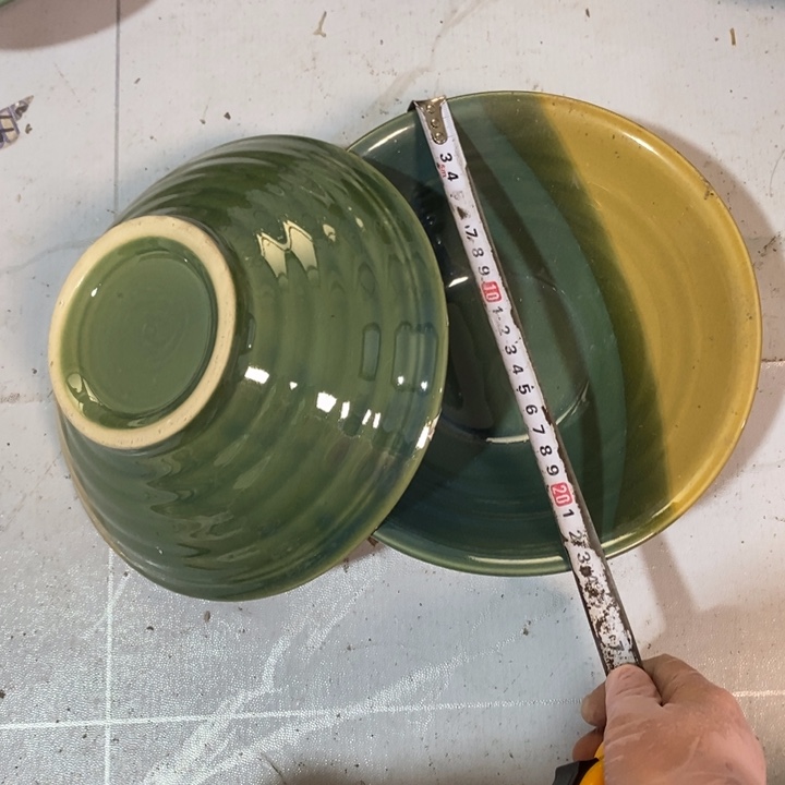 瓷片五厂绿釉三色斗笠大碗一对微瑕疵