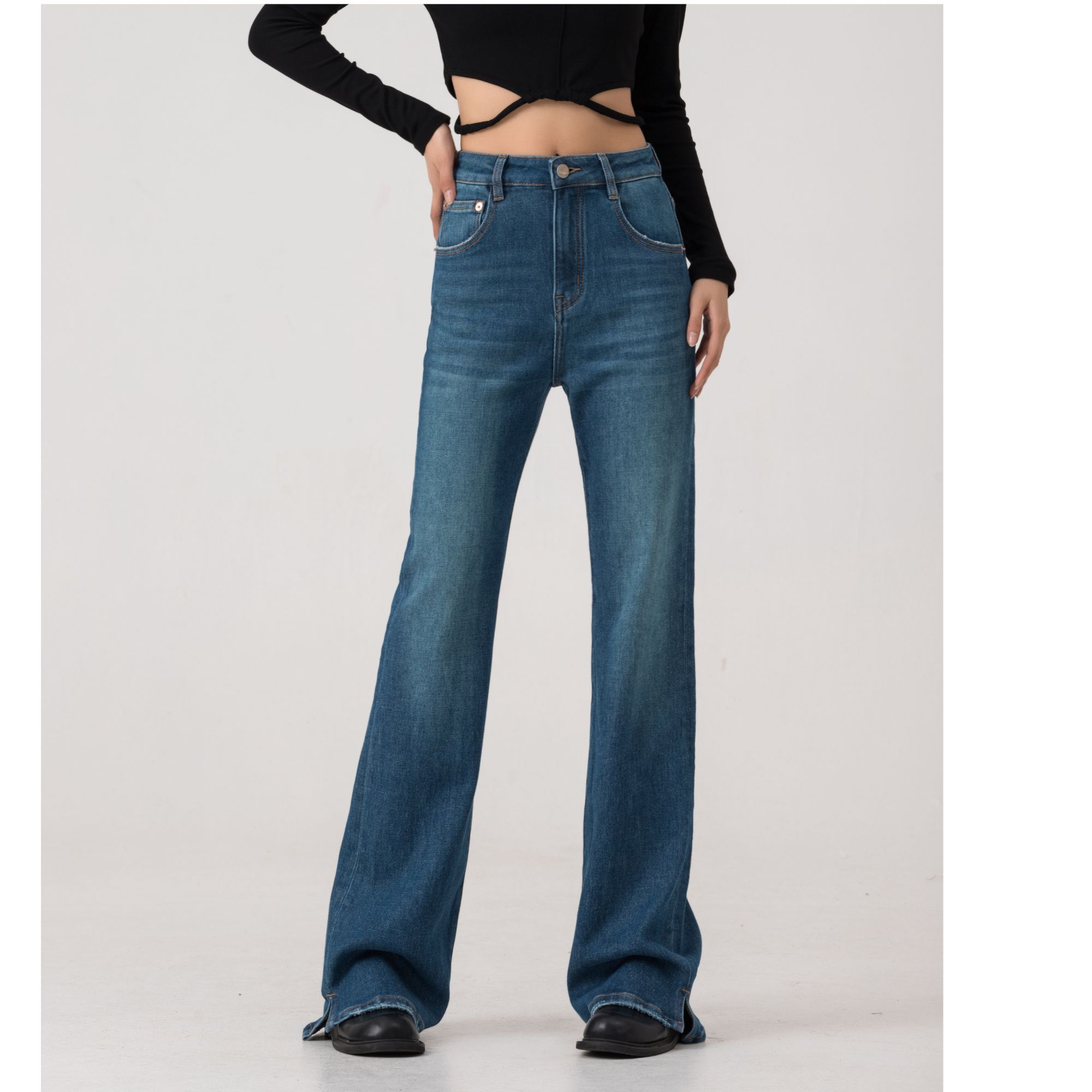 1017港版秋冬款高档翡翠绿面料显瘦百搭弹力 时尚高腰直筒牛仔裤 