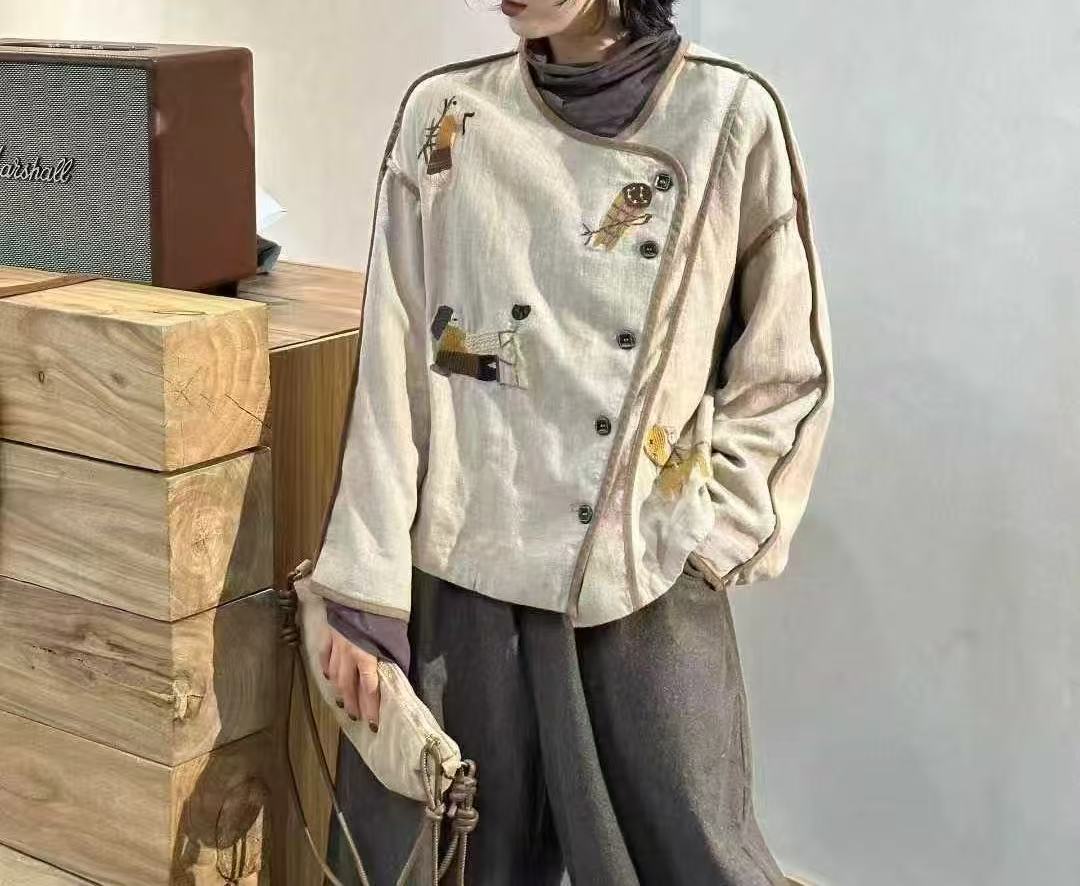 2025秋季新款复古百搭圆领斜襟单排扣文艺刺绣亚麻双层外套女