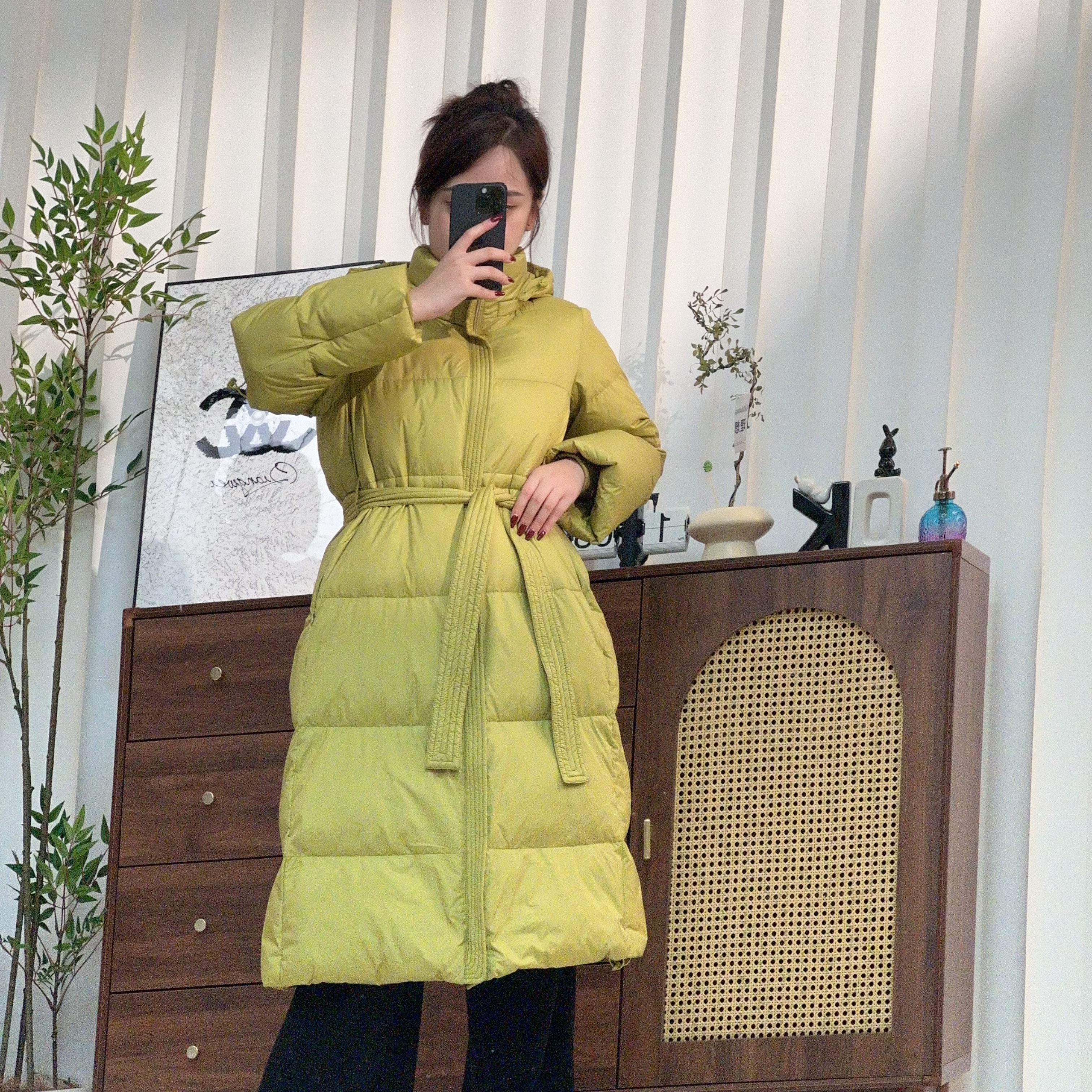 H279【朗】霍尔多巴吉收腰羽绒服冬季系带修身廓形中长款外套大衣