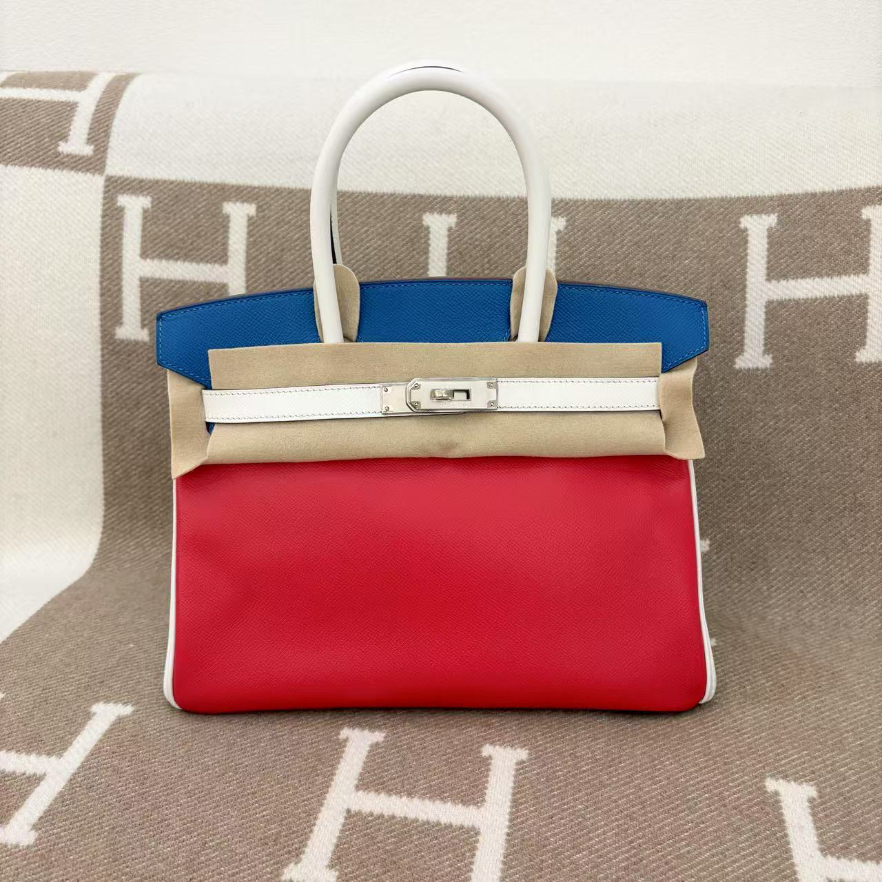 99新 Hermes/爱马仕 birkin 30 框P e皮 红色 纯白蓝色xx0414b5