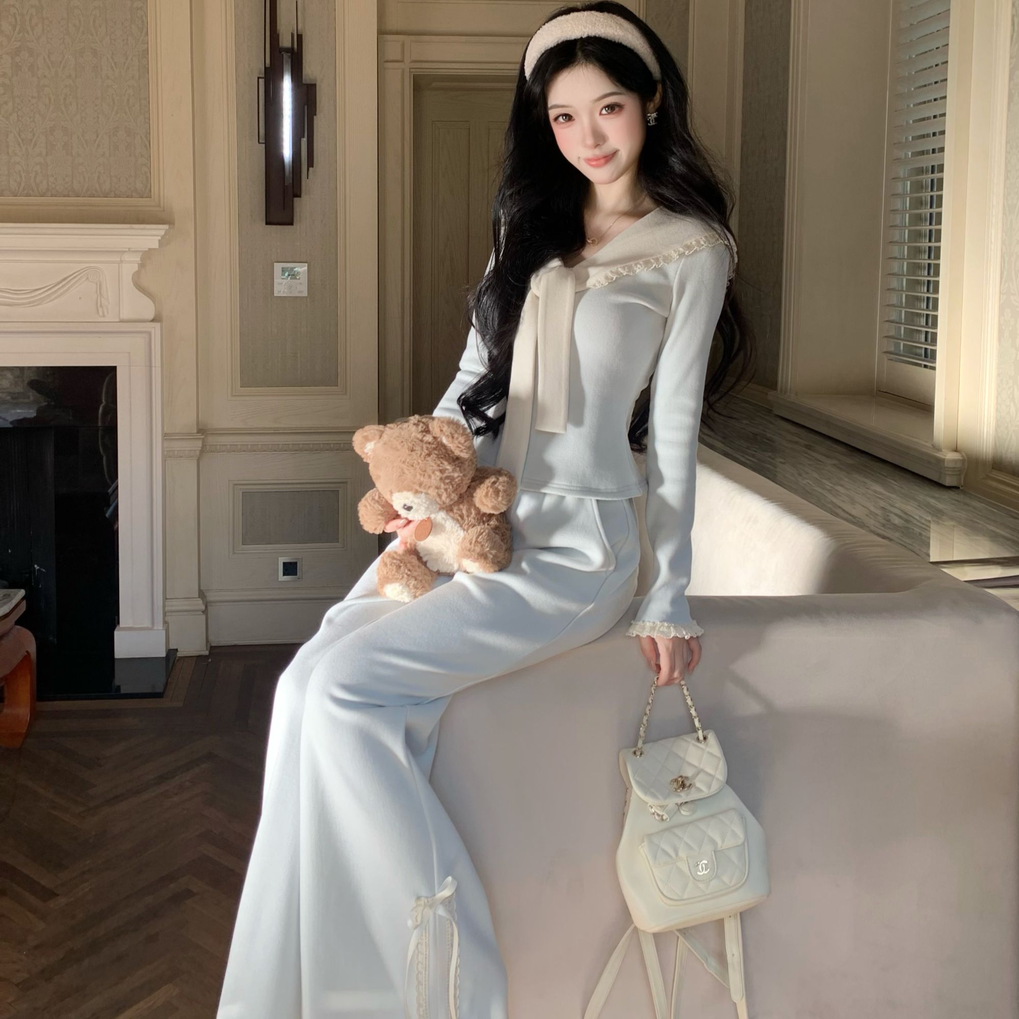 Blovelan甜美别致蕾丝设计感海军领系带蓝色套装