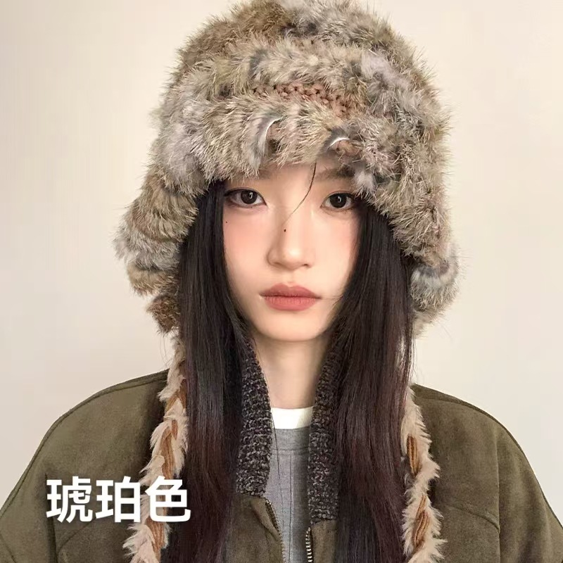 兔毛帽子女秋冬新款加厚防寒毛线帽网红显脸小护耳辫子开叉毛毛帽
