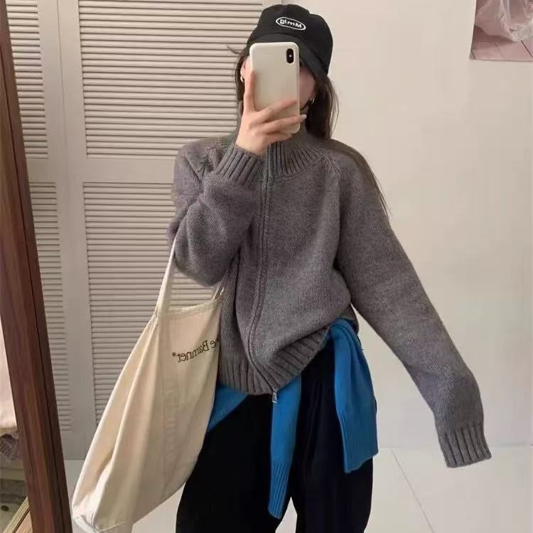 慵懒风毛衣外套女秋冬新款韩系简约宽松立领拉链针织开衫上衣