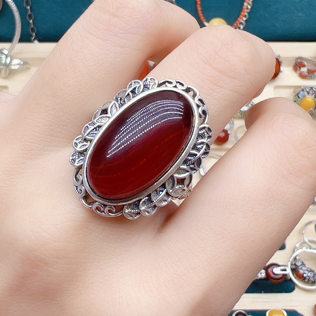 血珀戒指银S925镶嵌天然