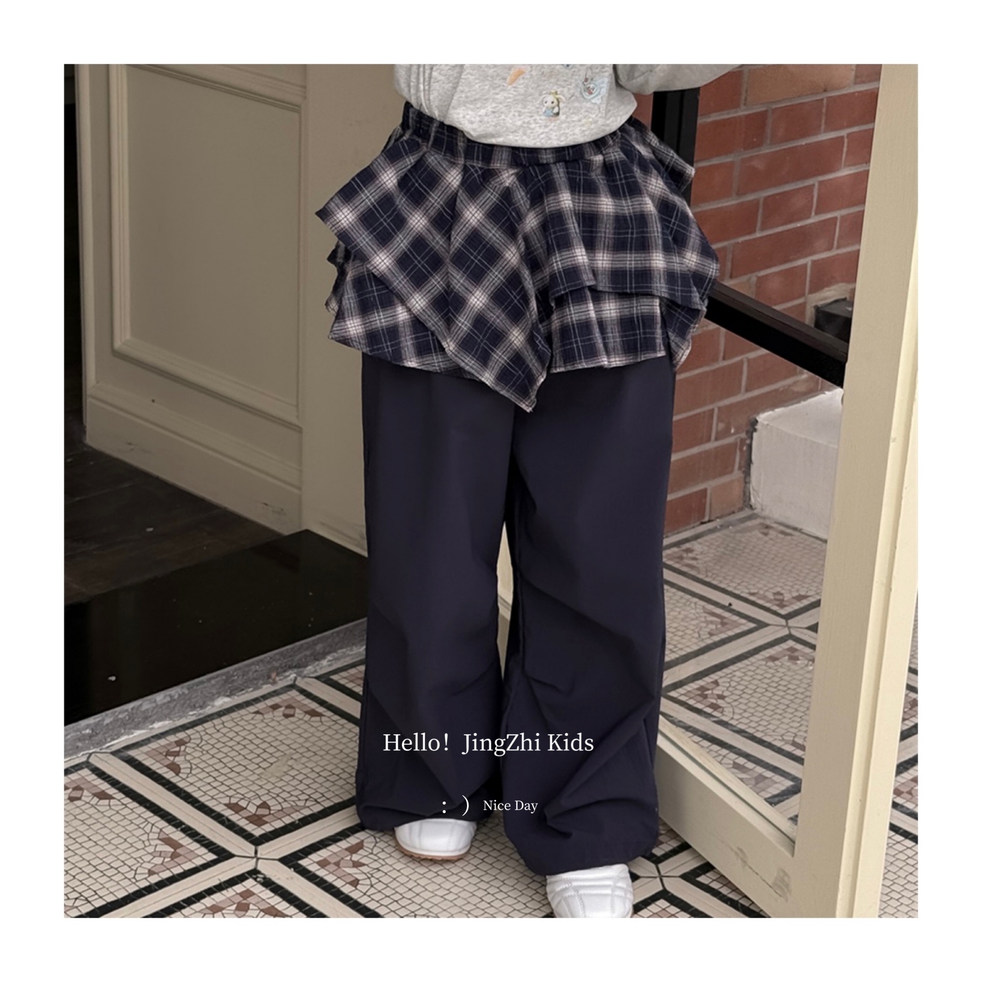 韩系春季儿童宽松街头裤子长裤女童薄款洋气裤子格子裙拼接直筒裤