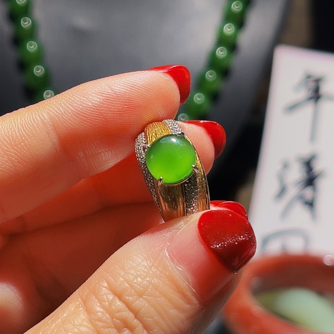 银S925镀金镶嵌戒指和田玉月**兮