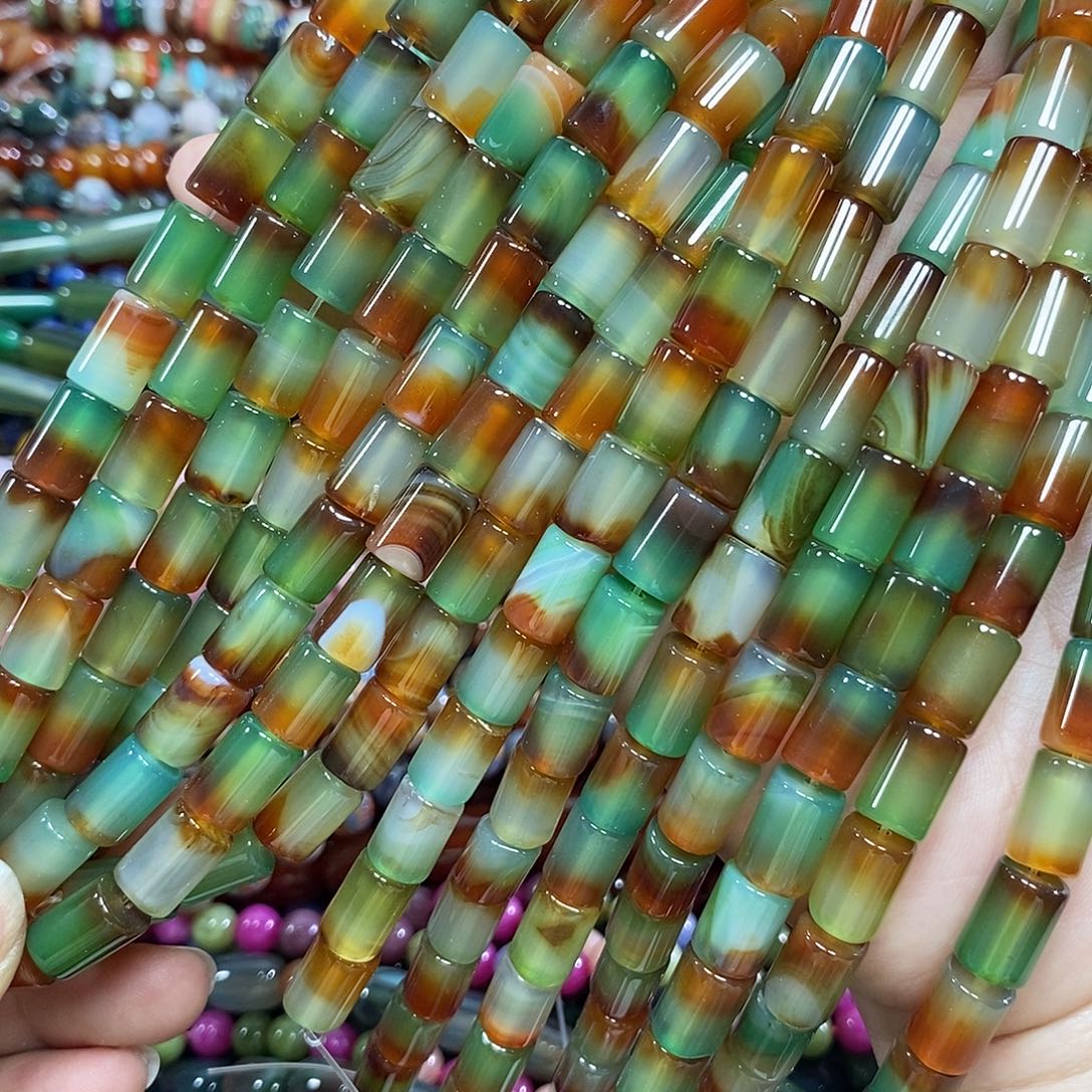 玛瑙/玉髓未镶嵌珠宝半成品孔雀玛瑙桶珠一条卡8*12mm