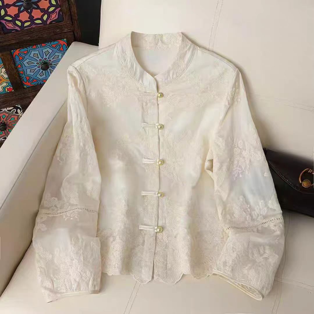 新中式蕾丝双层百搭衬衫秋季新款长袖复古宽松中国风刺绣女士上衣