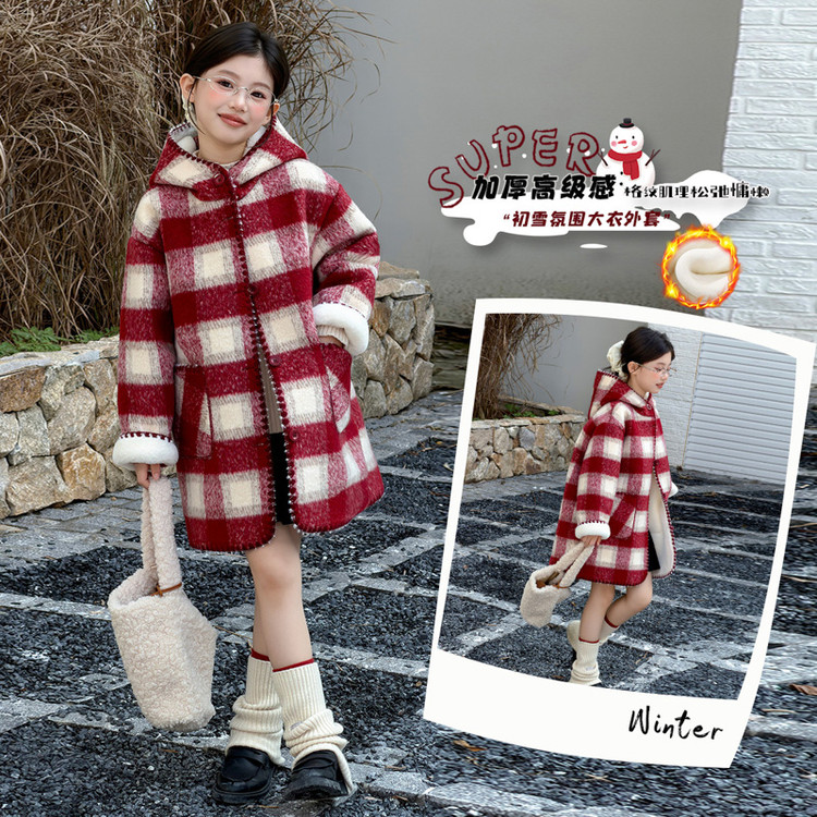 女童中长款格子呢子大衣 内里火焰复合兔毛 高品质 超级厚实
