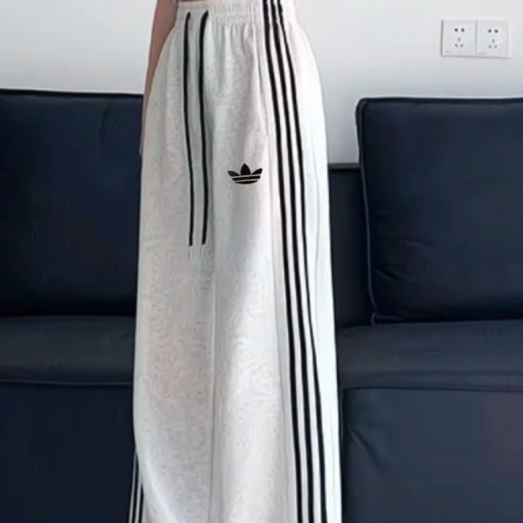 超显瘦美式棉质条纹卫裤男女卫裤 阔腿裤一裤两穿情侣小草运动裤