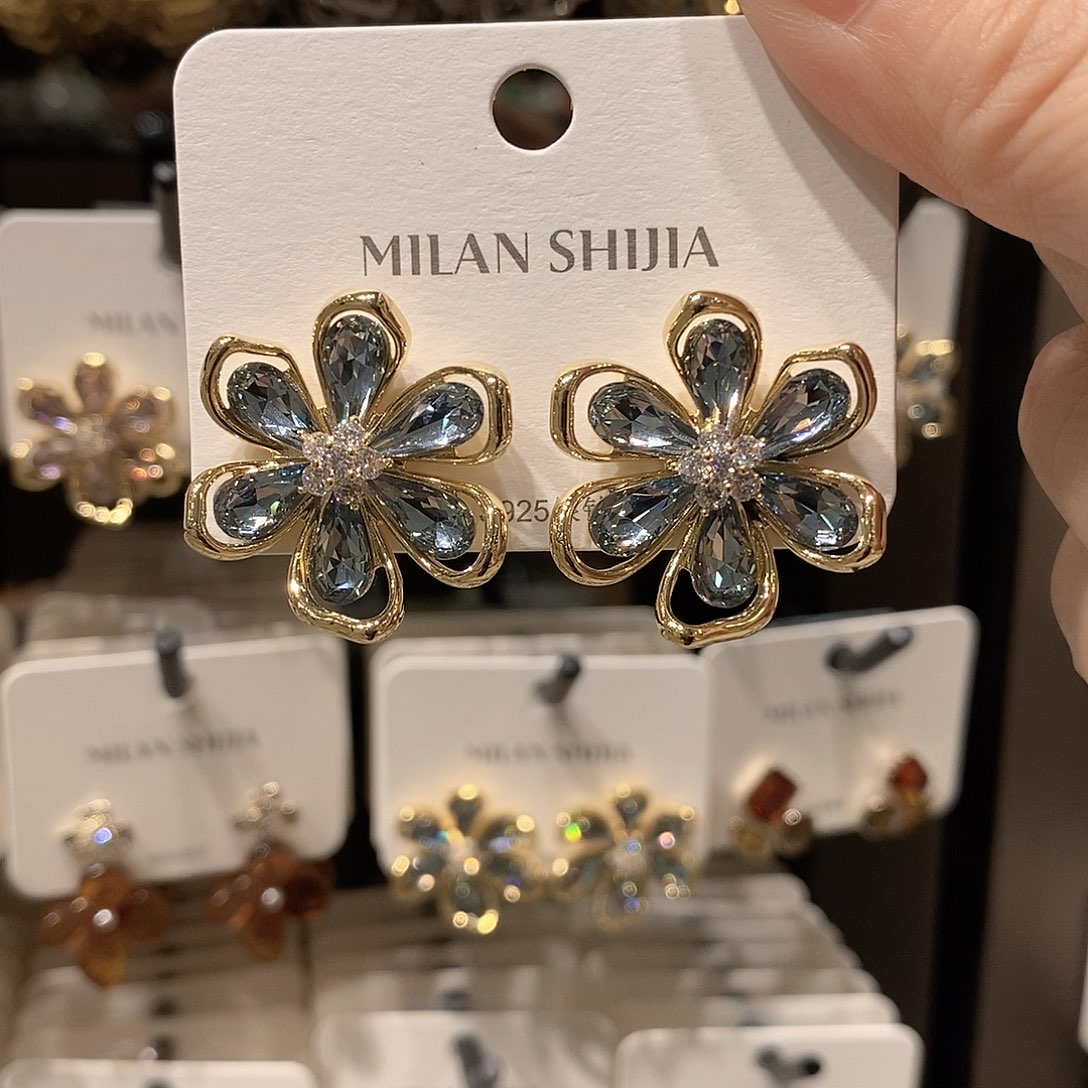 铜合金925银蓝色花花耳钉