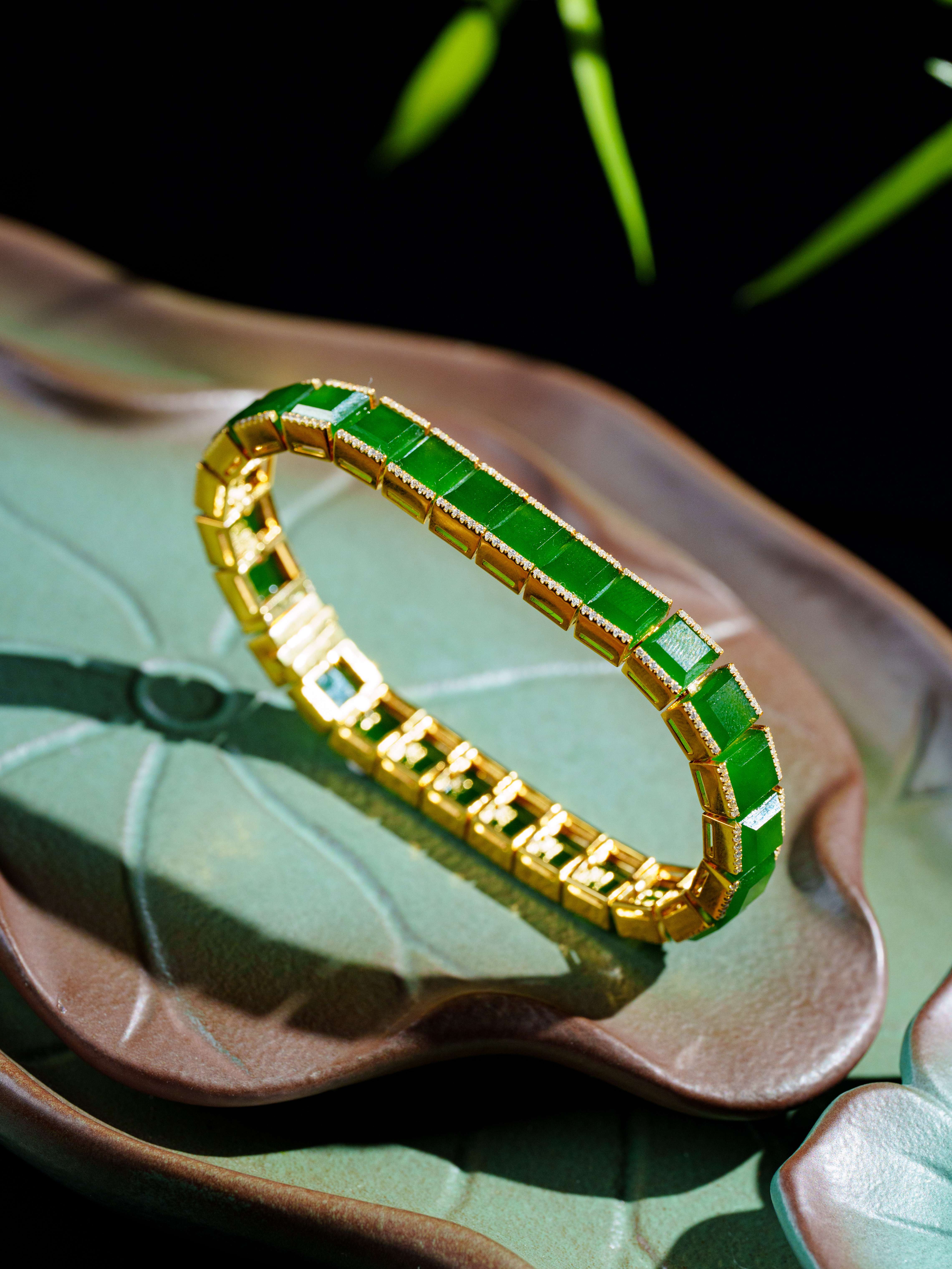 【典藏碧玉】和田玉碧玉方块手链（925）D4320