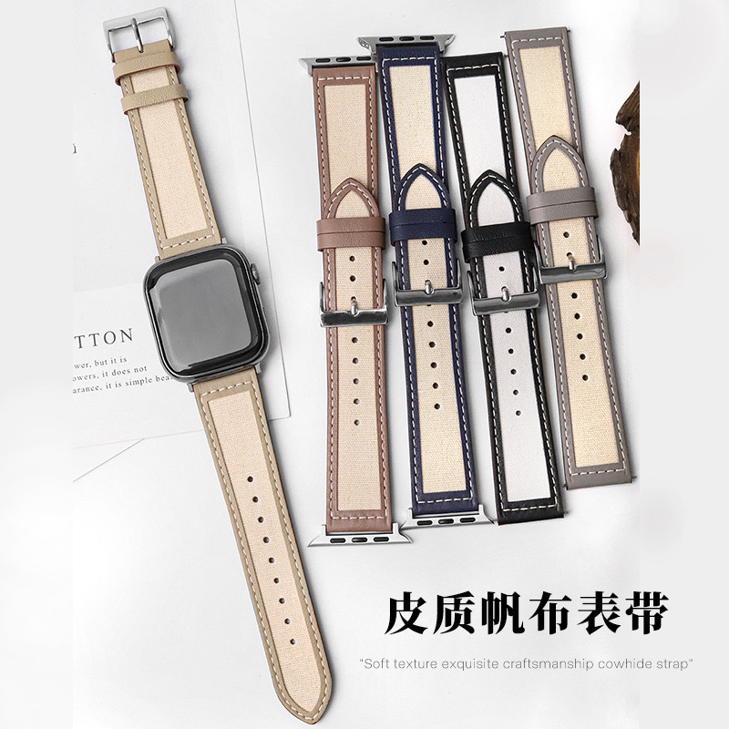 适用iwatch11苹果手表Apple Watch简约帆布皮质女款s10耐用皮表带