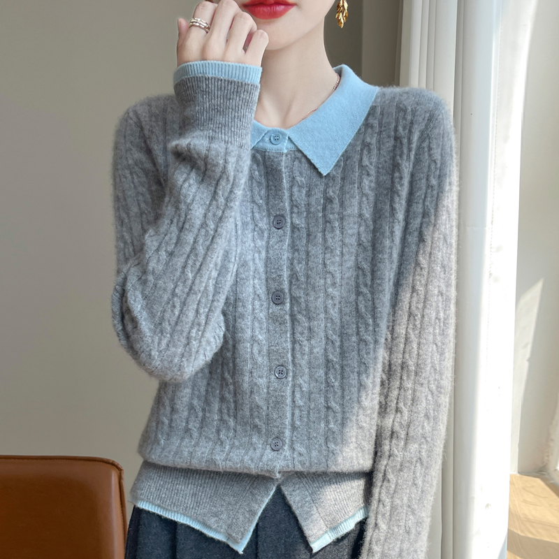 假两件翻领拼色麻花条纹安迪绒毛衣宽松细腻针织衫百搭保暖