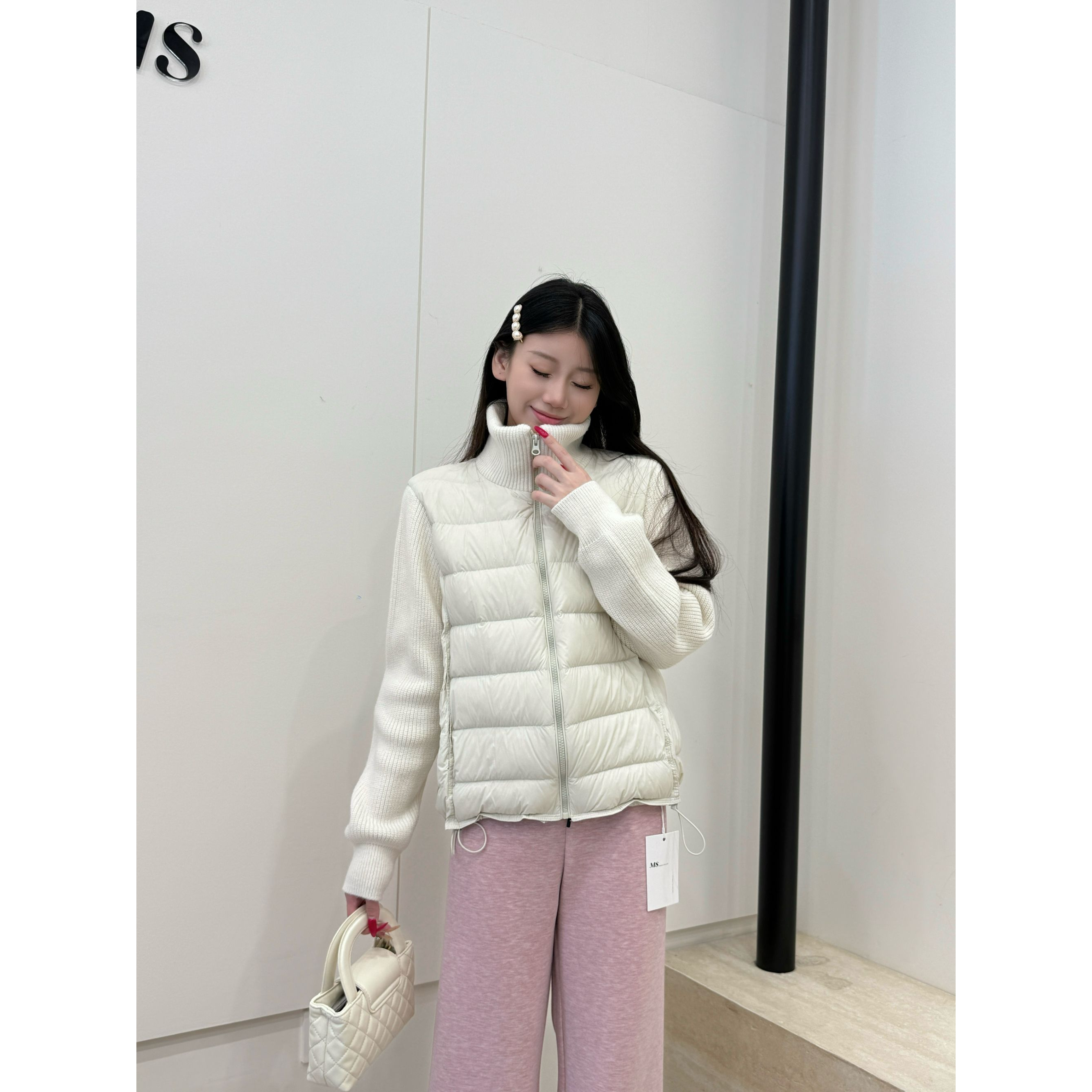 韩系短款针织袖立领排骨修身外套2025冬新款