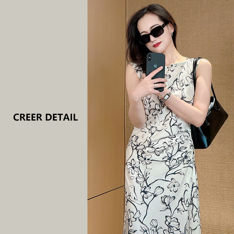 清冷感大女主印花连衣裙法式褶皱收腰显瘦长裙