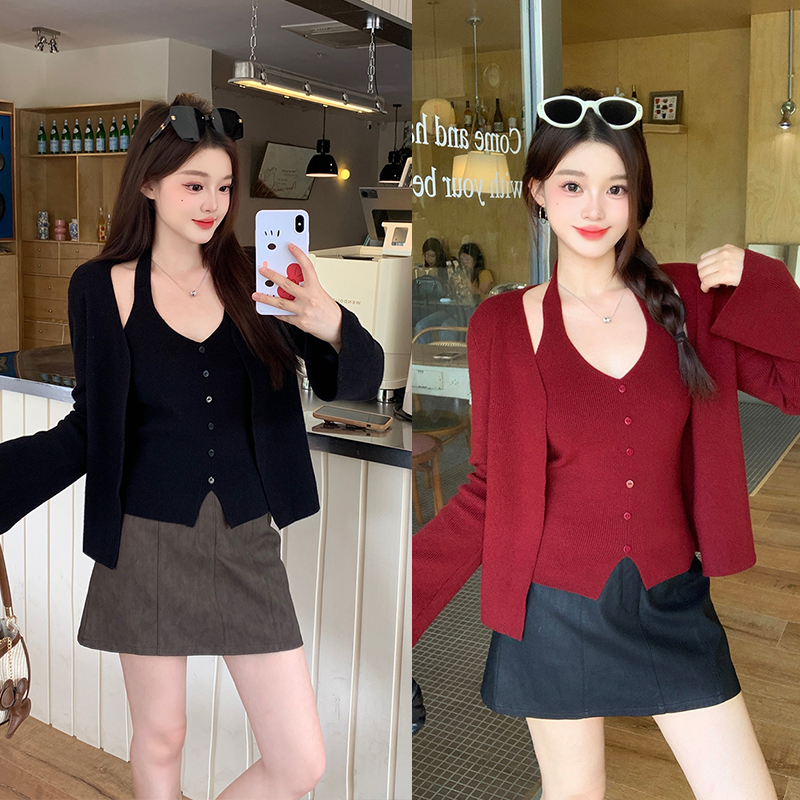 辣妹纯欲挂脖背心针织衫两件套轻熟风时尚长袖2025年秋季新款女装