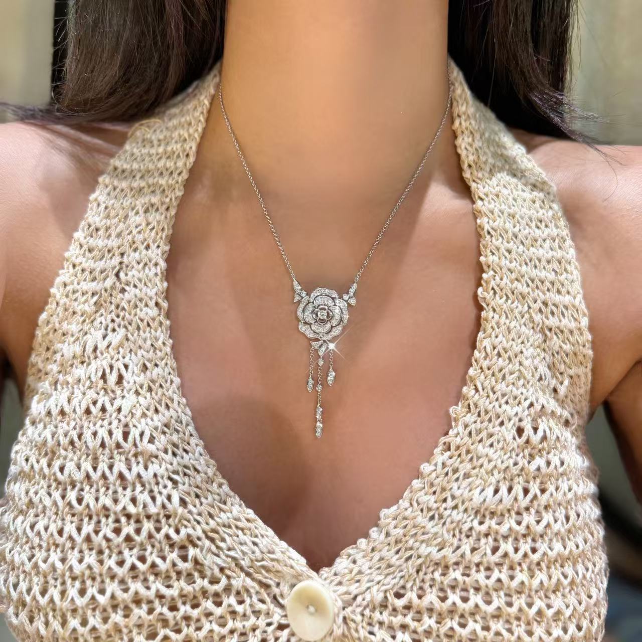 QANNA【流苏山茶花】【镂空满钻】一款多戴奢华豪华钻石锁骨链项链AY