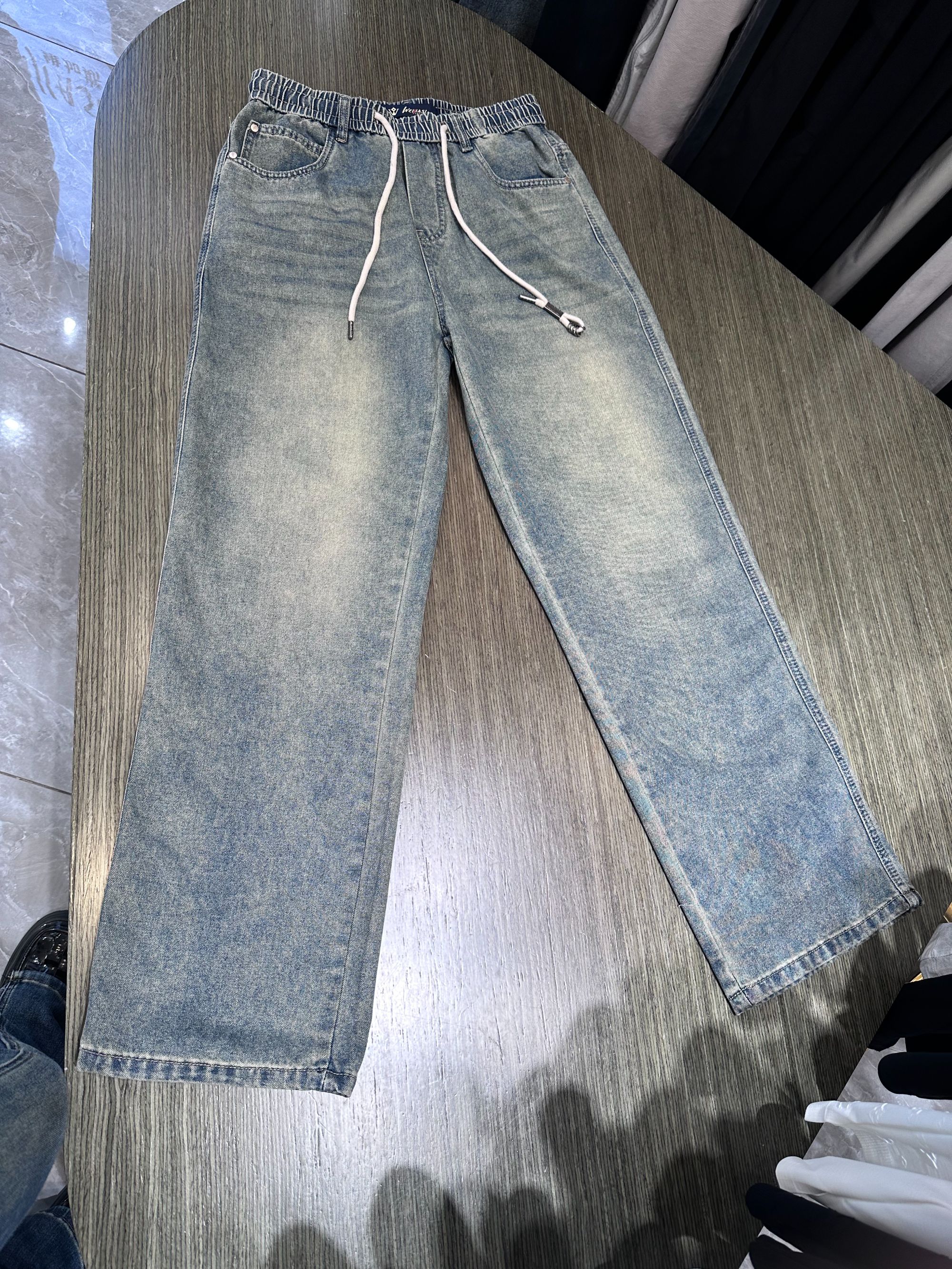 宽松长裤春秋时尚牛仔裤水洗系带秋季休闲潮流直筒裤高腰