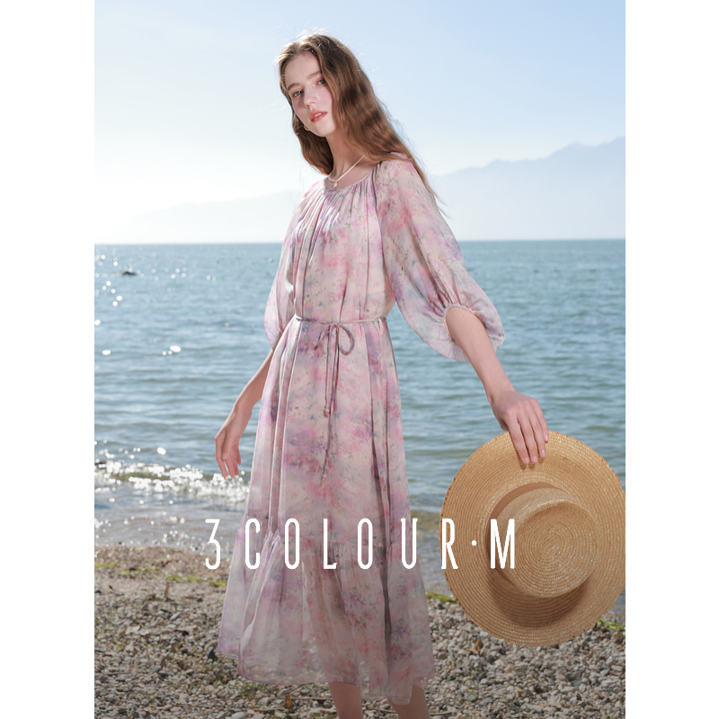 3409-D401DM10SL10三彩2025春季新款碎花雪纺连衣裙圆领七dbx