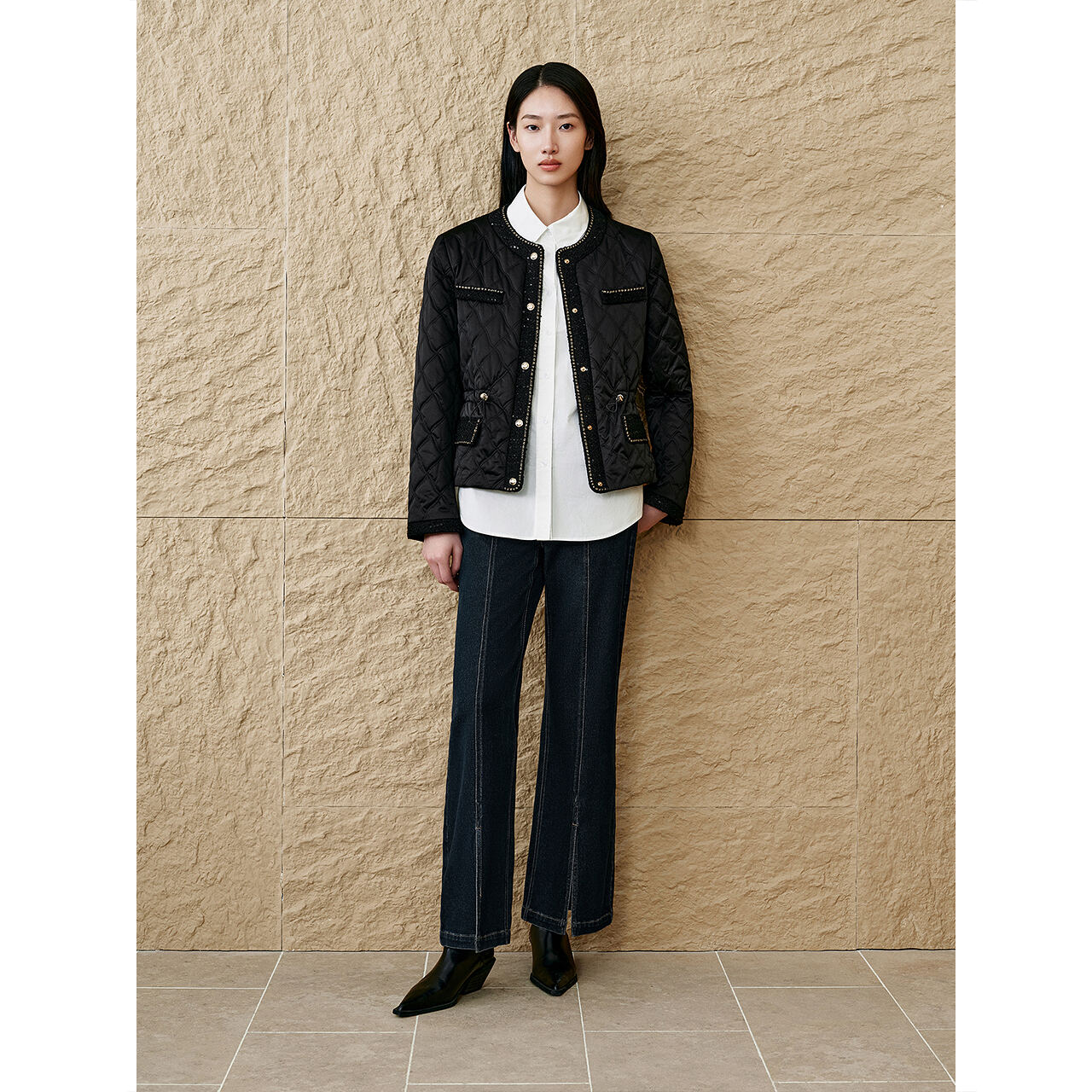 INSUN恩裳春季新品小香风粗花呢拼接短款棉服外套9C65308020