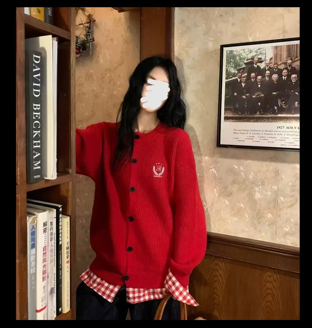 公主 假两件拼接格子毛衣女秋冬设计宽松开衫90527加绒牛仔裤5815