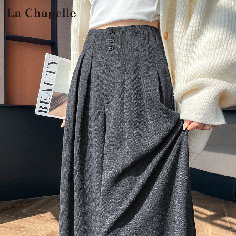 拉夏贝尔加绒加厚毛呢西装阔腿裤女秋冬高腰显瘦宽松垂感拖地裤裙