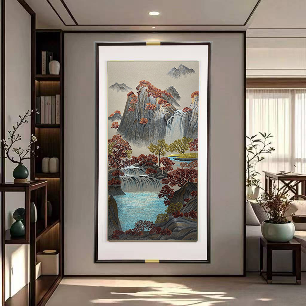 新中式高端刺绣金山聚宝盆双框装裱玄关客厅沙发背景墙装饰画