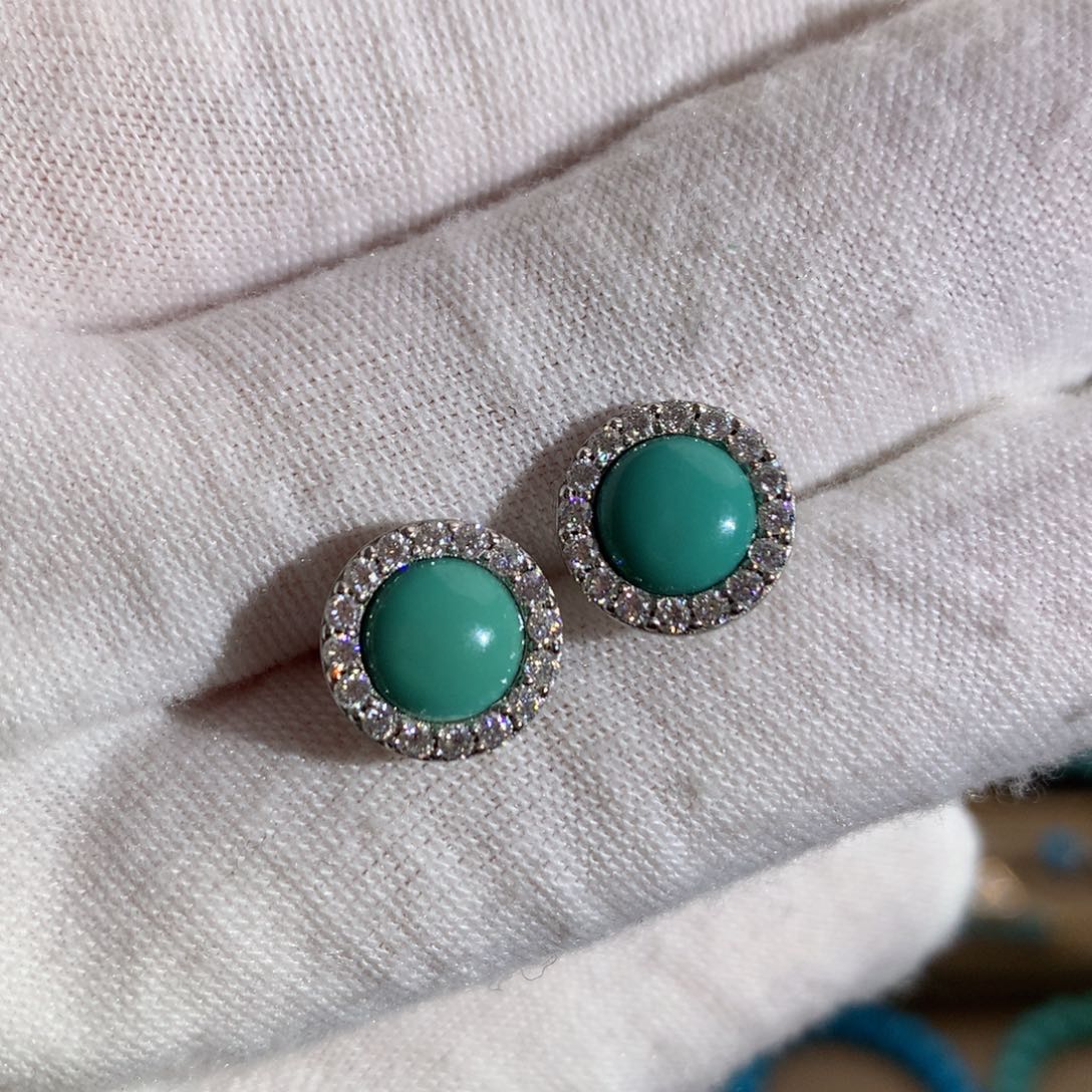 银S925镶嵌绿松石高瓷绿耳钉