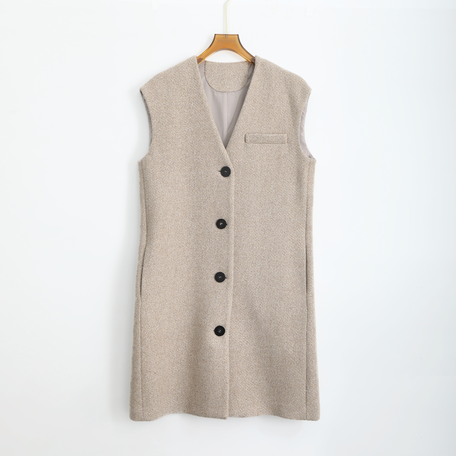 秋季无袖不褪色纯色单排扣连衣裙时尚秋冬排扣中长款