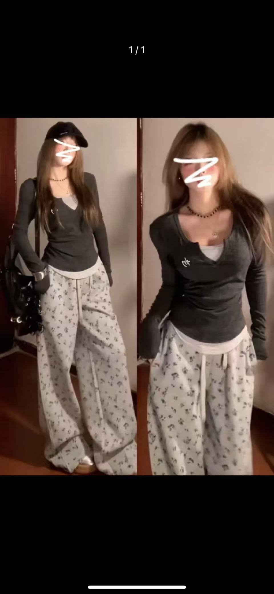 天一~假两件长袖T恤女早春设计感小众甜辣穿搭花朵阔腿裤9635