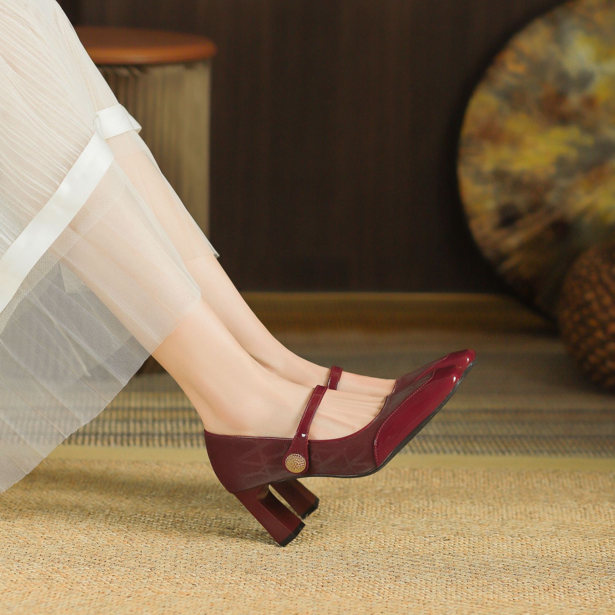 2025新款撞色拼接暗纹一字带真皮玛丽珍百搭高跟鞋女鞋