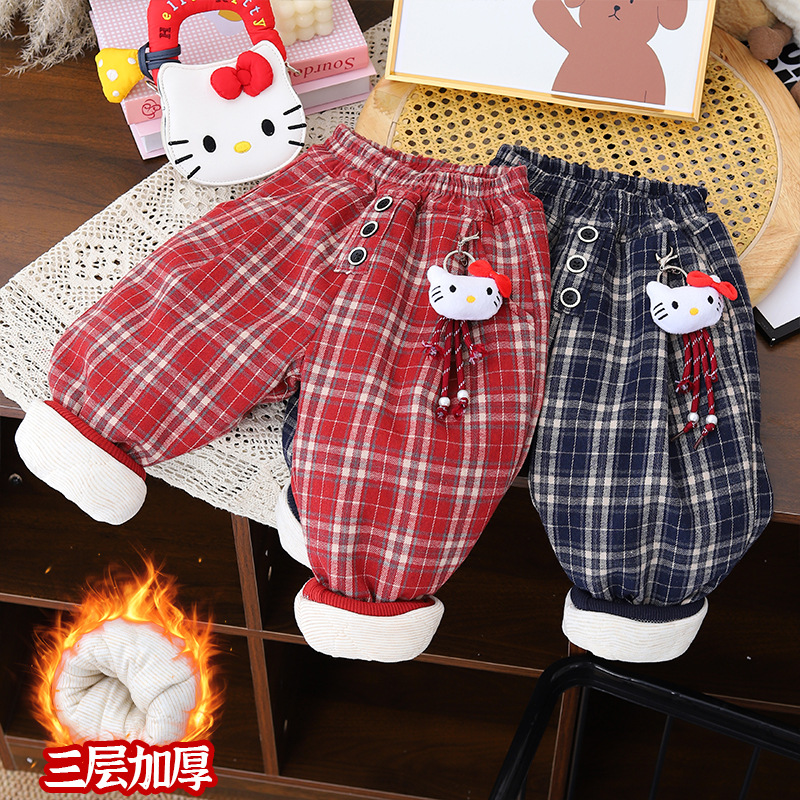女童裤子三层加厚一条过冬卡通猫经典格子棉裤超厚学生百搭外穿
