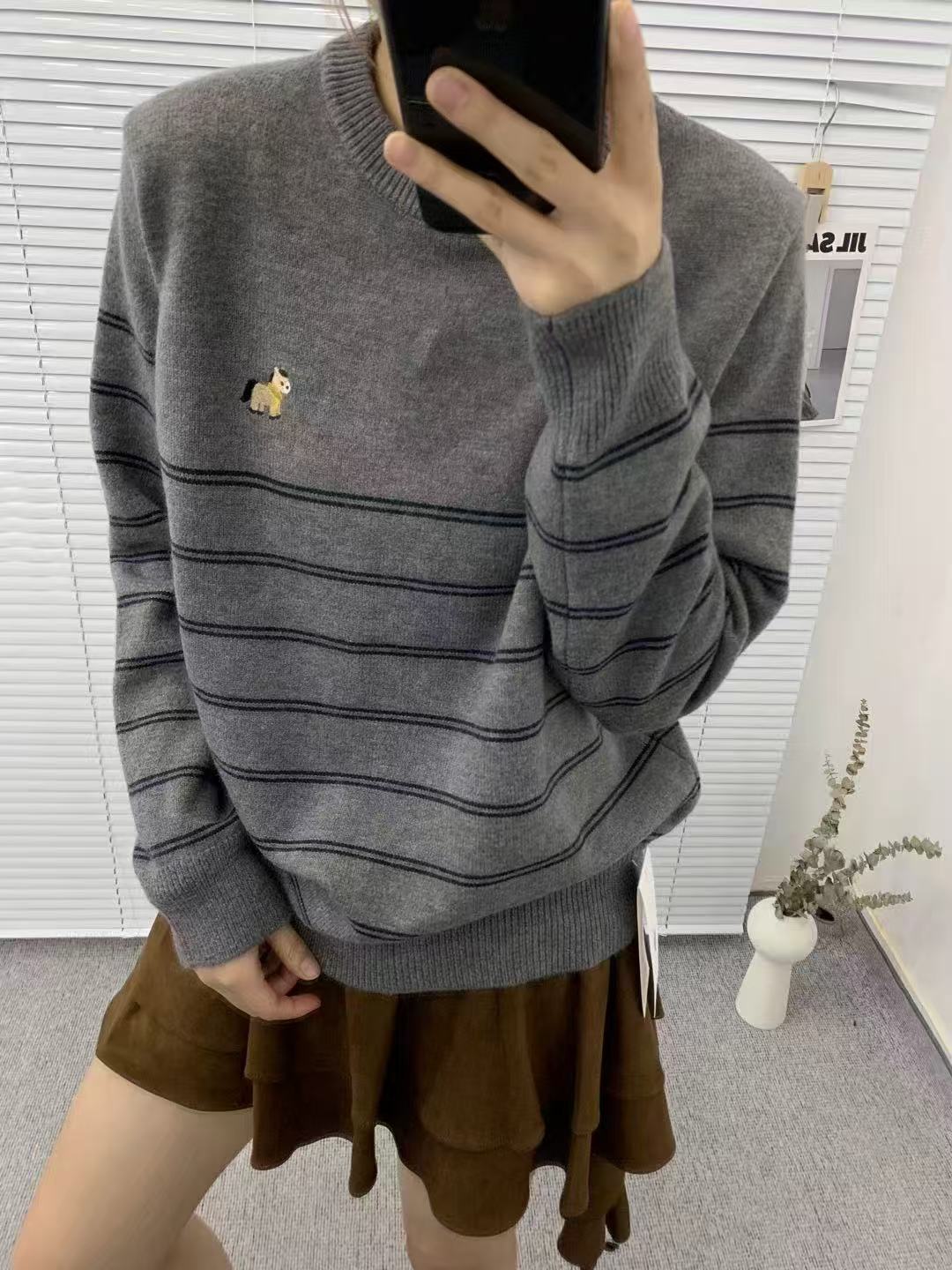 【大小姐】宽松女网红圆领套头毛针织衫北沐条纹小马09