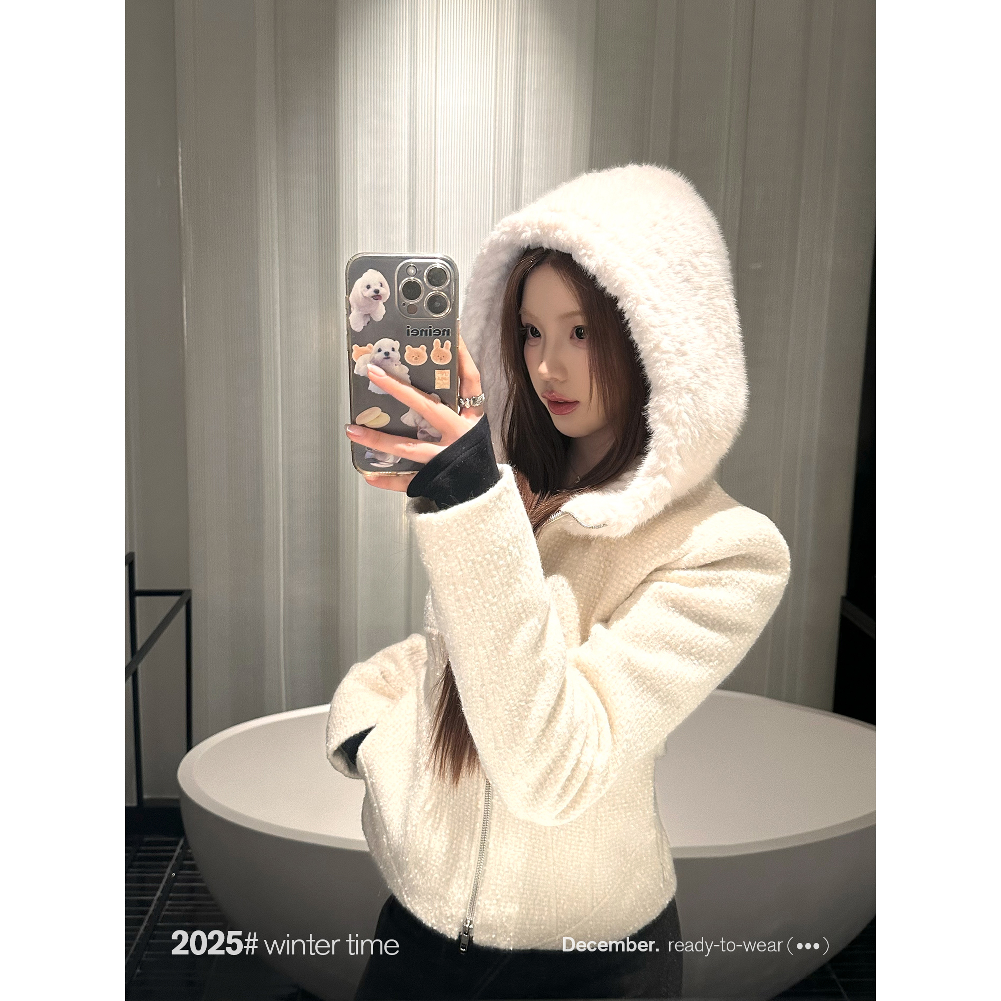 SUNONEONE【云朵小屋】精致收腰小香风夹棉加厚连帽外套女-D0457W