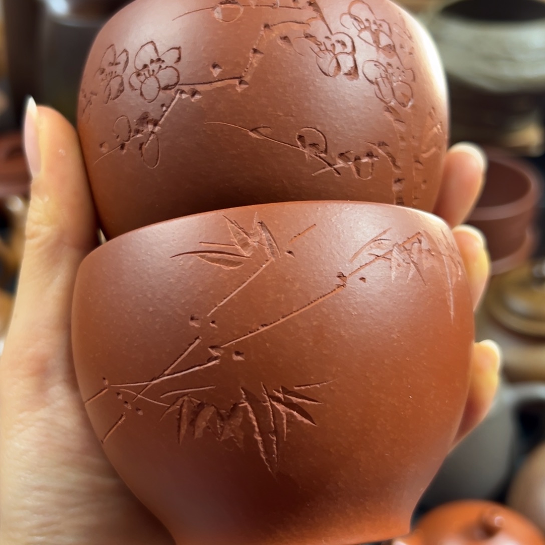 紫砂茶杯梅竹双清对杯